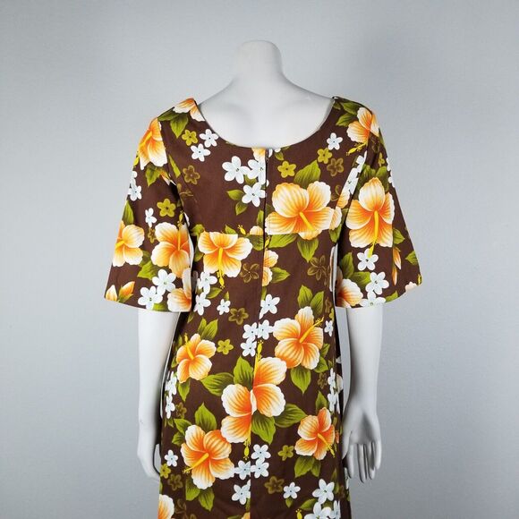 Ui-Maikai Hawaiian VTG 70s Empire  Hibiscus Print Maxi Brown Dress Size Small - Picture 5 of 13
